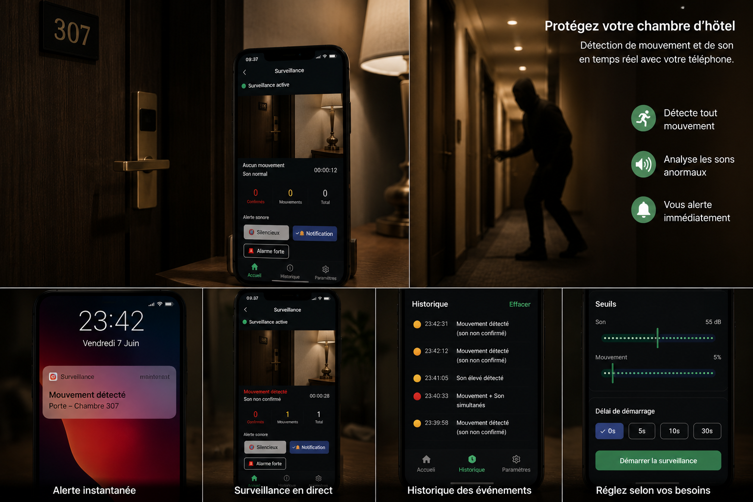 mon-detecteur — application Android posée devant une porte d'hôtel 307, surveillance active, alerte mouvement sur iPhone